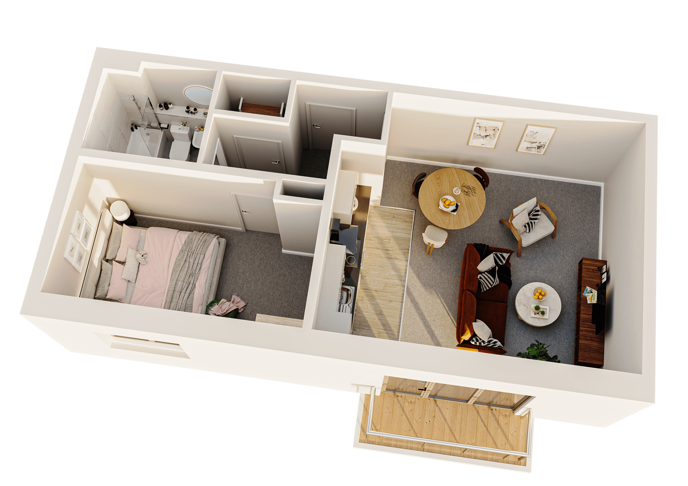 1 Bed 3D Floorplan (Balcony)